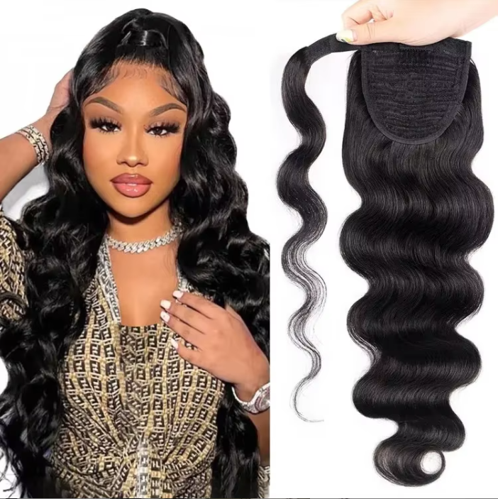100% Brazilian Human Hair Extensions Double Drawn Natural Wrap Around Drawstring Ponytail Water Wave and Straight Styles