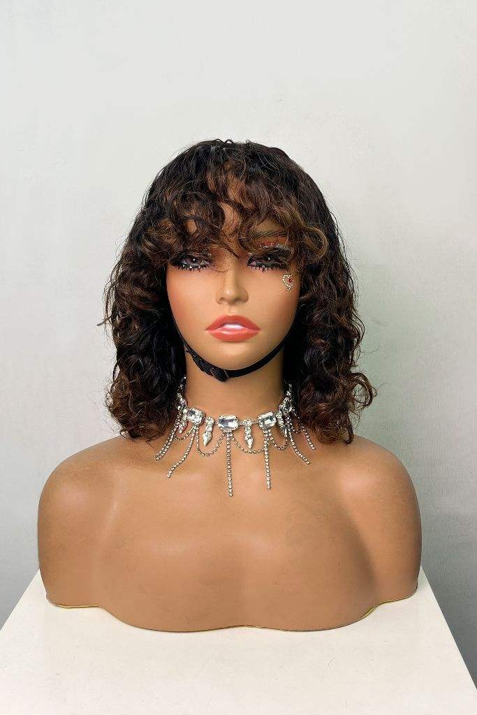 200% 12inch Water Wave Bangs Wigs Non-Lace 100% Human Hair Bob Wigs Brazilian Remy Hair Curly Fringe Wigs