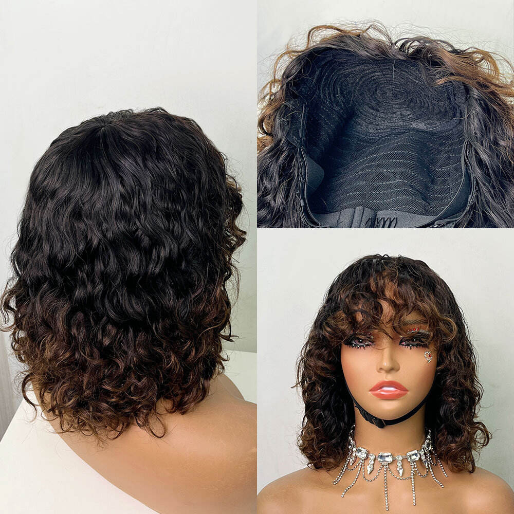 200% 12inch Water Wave Bangs Wigs Non-Lace 100% Human Hair Bob Wigs Brazilian Remy Hair Curly Fringe Wigs