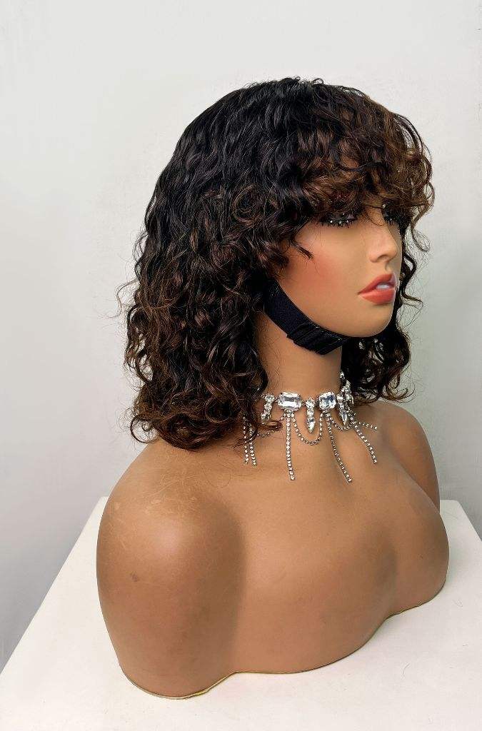 200% 12inch Water Wave Bangs Wigs Non-Lace 100% Human Hair Bob Wigs Brazilian Remy Hair Curly Fringe Wigs