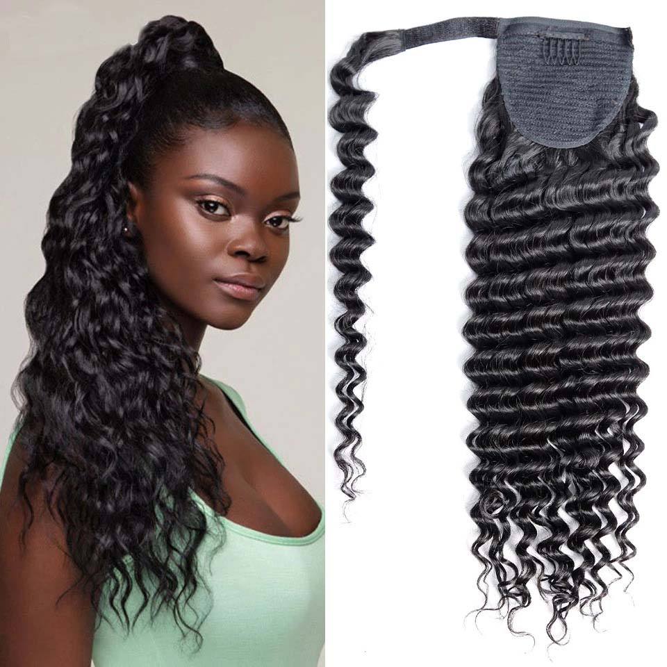 100% Brazilian Human Hair Extensions Double Drawn Natural Wrap Around Drawstring Ponytail Water Wave and Straight Styles