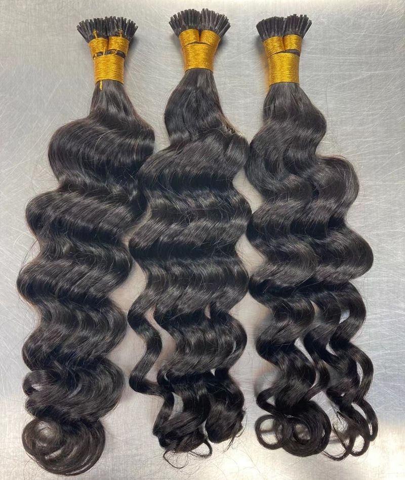 Wholesale Large Stock of Raw Human Hair Extensions Body Wave Kinky Curly Straight Hair with Micro Ring I Tip for Black Women
