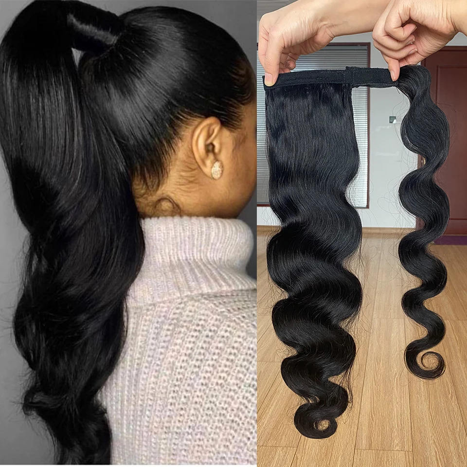 100% Brazilian Human Hair Extensions Double Drawn Natural Wrap Around Drawstring Ponytail Water Wave and Straight Styles