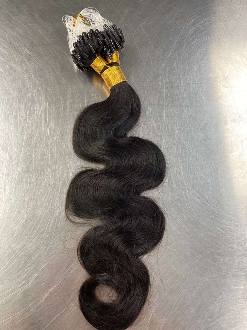 Wholesale 100% Natural Human Hair Extensions Micro Loop Fishing Line Straight Body Wave Curl Styles Raw Material in Bundle