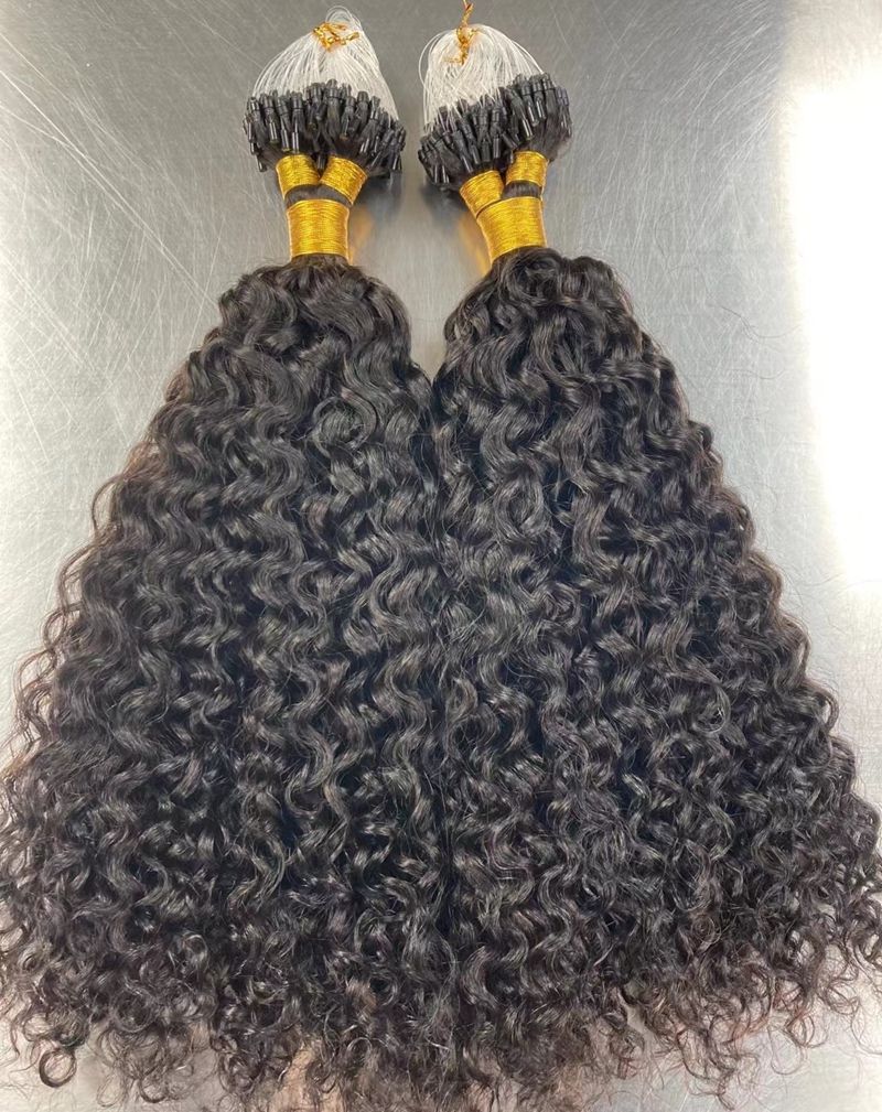 Wholesale 100% Natural Human Hair Extensions Micro Loop Fishing Line Straight Body Wave Curl Styles Raw Material in Bundle