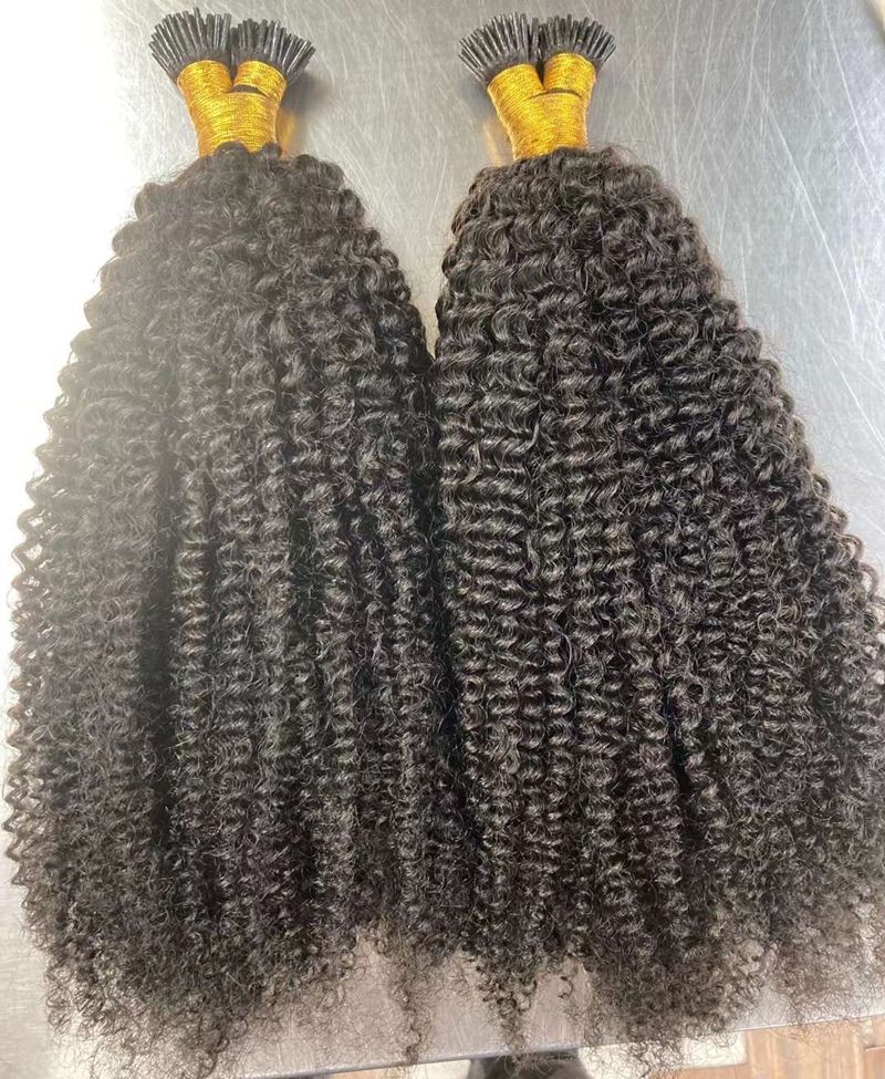 Wholesale Large Stock of Raw Human Hair Extensions Body Wave Kinky Curly Straight Hair with Micro Ring I Tip for Black Women