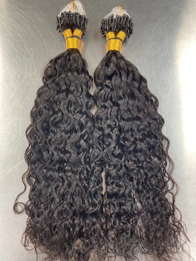 Wholesale 100% Natural Human Hair Extensions Micro Loop Fishing Line Straight Body Wave Curl Styles Raw Material in Bundle
