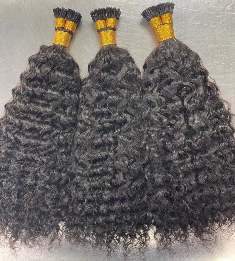 Wholesale Large Stock of Raw Human Hair Extensions Body Wave Kinky Curly Straight Hair with Micro Ring I Tip for Black Women