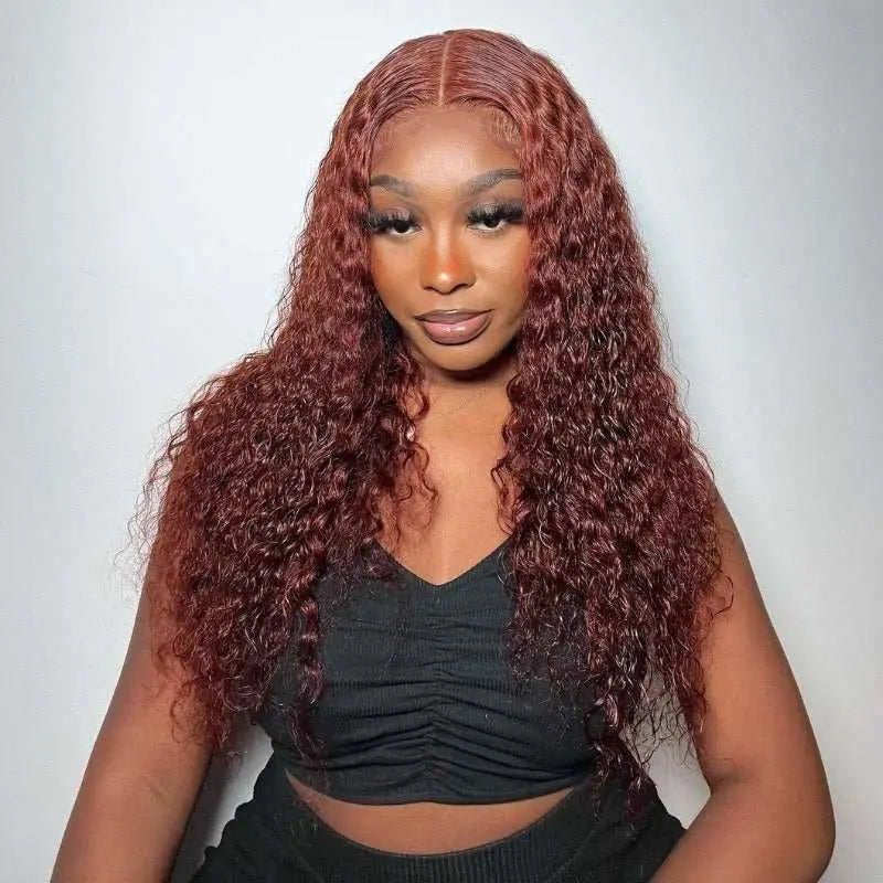 Reddish Brown Hair Color Water Curly Wave 4x4 13x4 Lace Frontal Wigs