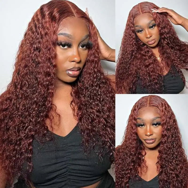 Reddish Brown Hair Color Water Curly Wave 4x4 13x4 Lace Frontal Wigs