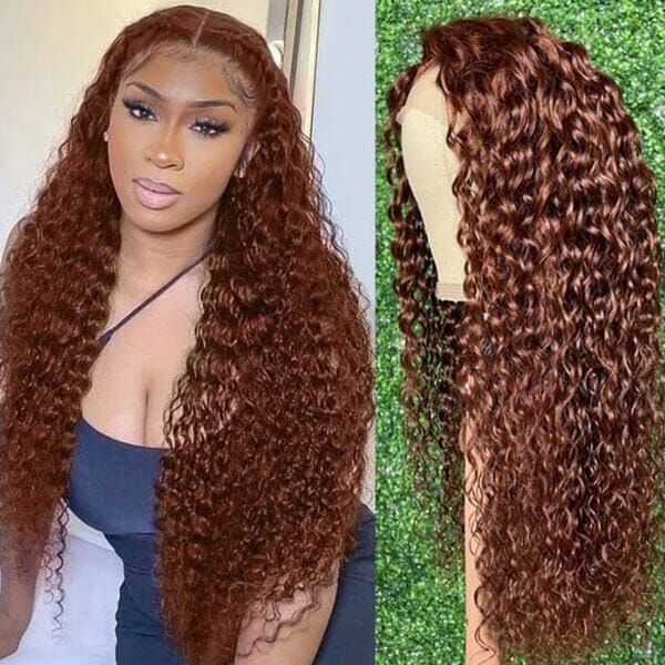 Reddish Brown Hair Color Water Curly Wave 4x4 13x4 Lace Frontal Wigs