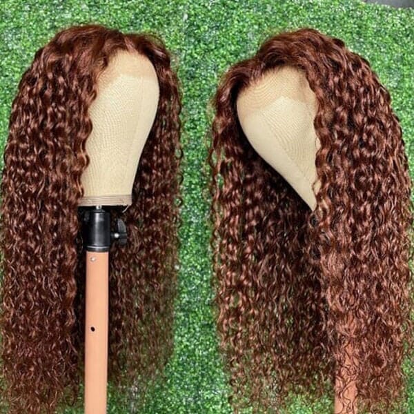 Reddish Brown Hair Color Water Curly Wave 4x4 13x4 Lace Frontal Wigs