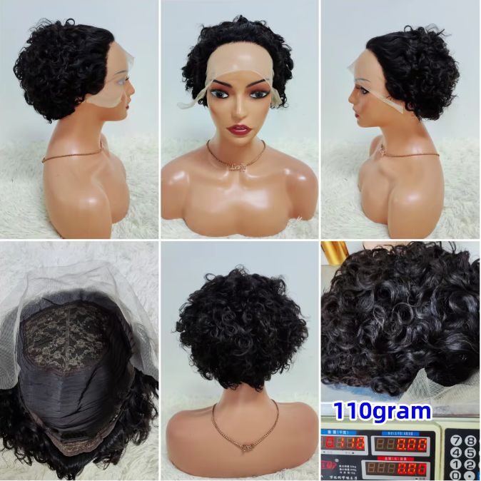 Promotion 8$ 1PCS Pixie Curly Lace Frontal Wigs Wholesale Brazilian Wig Short Cut 100% Human Hair Black Woman 110gram