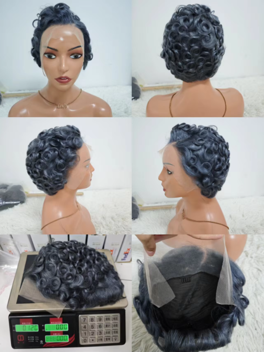 17$ Promotion Gray Color Pixie Wigs 13x4 Lace Full Frontal 100% Human Hair Short Cut Wigs Wholesale for Black Woman 130gram