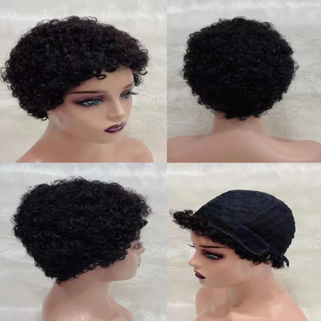 Brazilian Remy Hair Wigs 100% Human Hair Machine-Made Short Cut Afro Wig with Wavy Curly Hair for Black Women