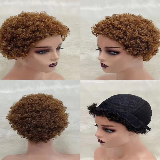 Brazilian Remy Hair Wigs 100% Human Hair Machine-Made Short Cut Afro Wig with Wavy Curly Hair for Black Women