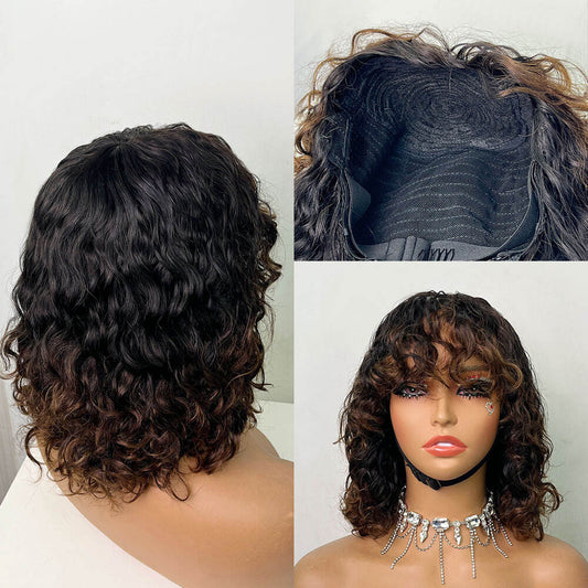 200% 12inch Water Wave Bangs Wigs Non-Lace 100% Human Hair Bob Wigs Brazilian Remy Hair Curly Fringe Wigs