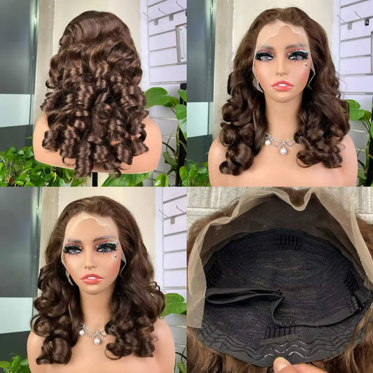 100% Virgin Human Hair Glueless Frontal Bouncy Wig Brown Raw 13*4 Frontal Bouncy Wig