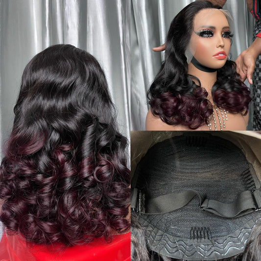 100% Human Hair Glueless Frontal Loose Bouncy Wig Burgundy 13*4 Frontal Wig