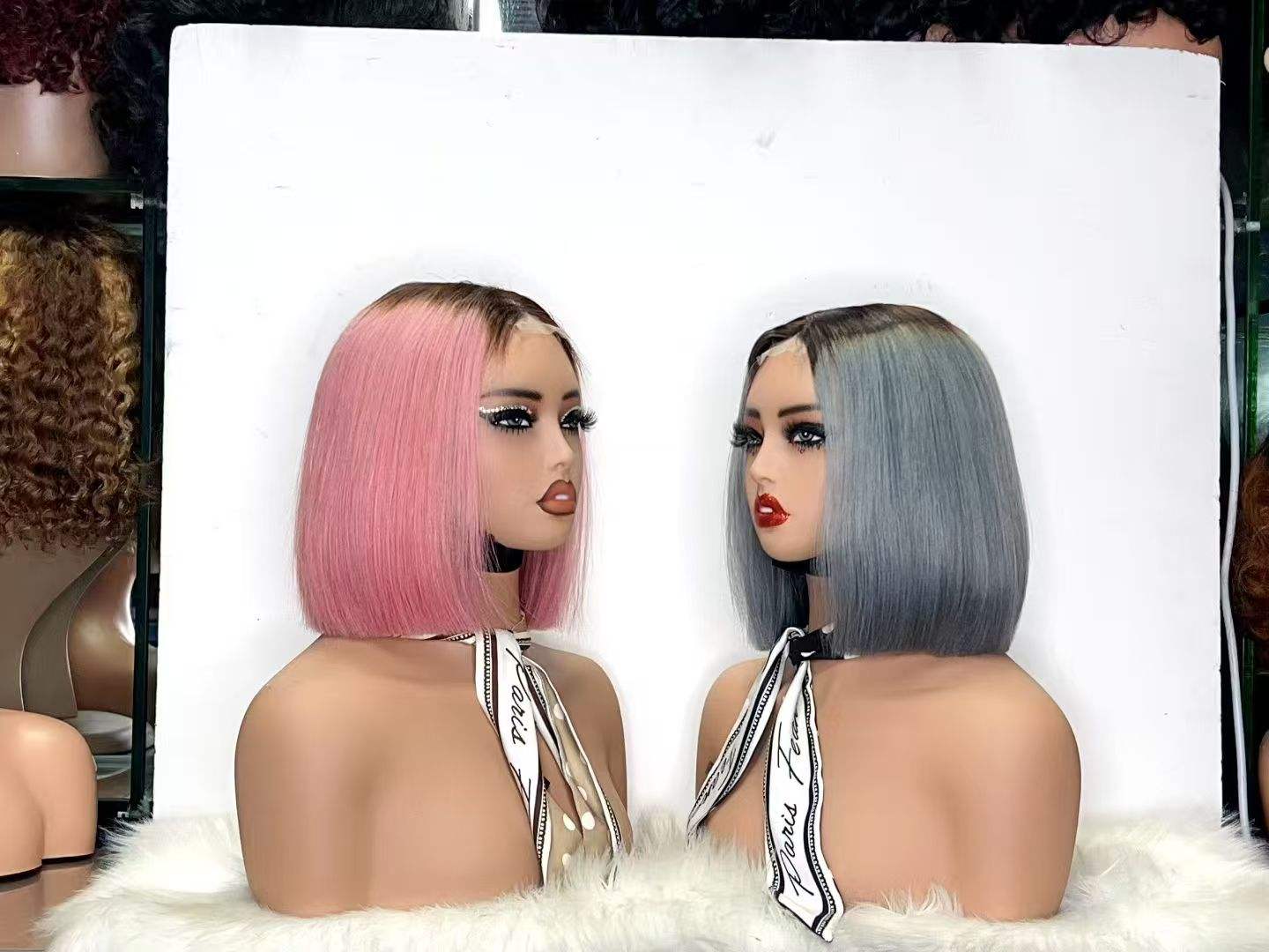 Promotion 40$ 2x6 Lace Closure Virgin Bob Wigs 12A SDD 10inch Ombre Gray Pink 250% Straight Wigs 100% Human Hair on Sale