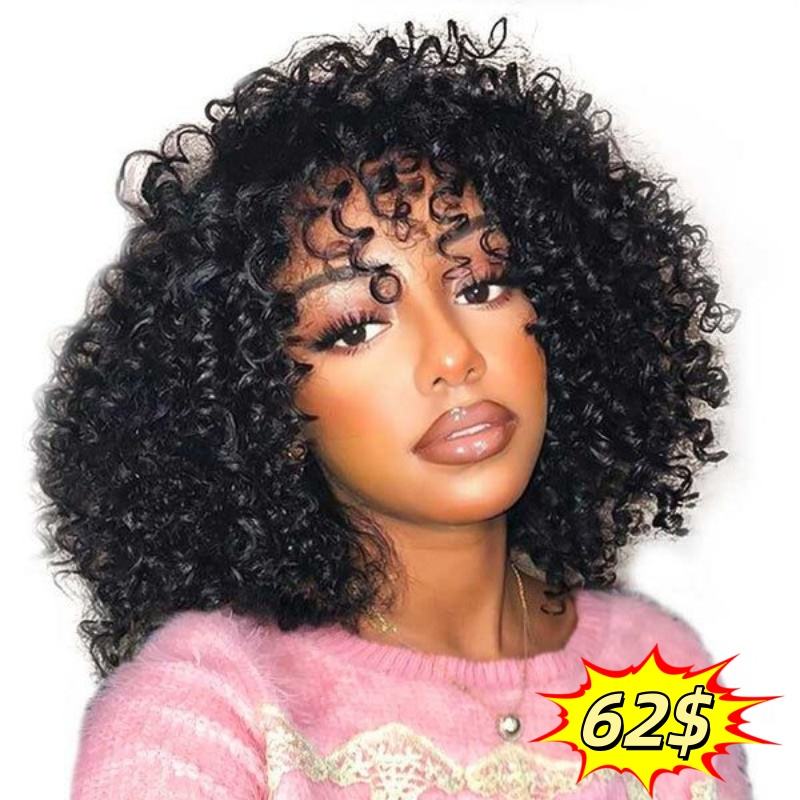 Promotion 250% Pixie Curly Wig With Bangs Non Lace Natural Color Virgin Human Hair Wigs Wholesale Cheap Short Bob Wigs