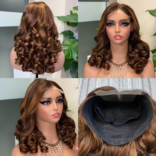 100% Virgin Human Hair Loose Bouncy Wig 5*5 P4/30 Color