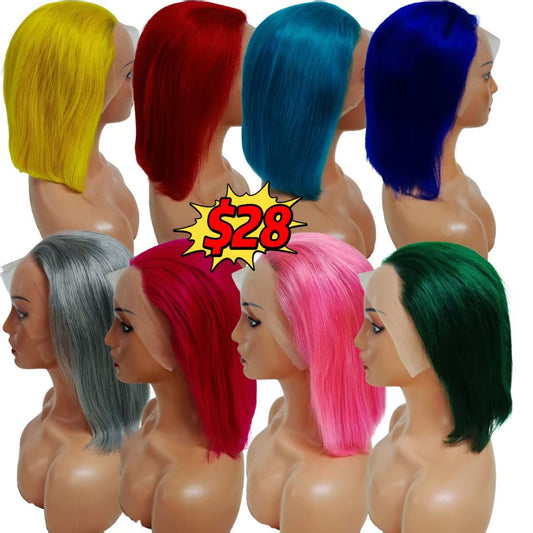 $28 Promotion Wholesale 13x4 Lace Frontal Bob Wigs 100% Human Hair Multiple Colored Remy Brazilian Wigs 10inch for Black Woman