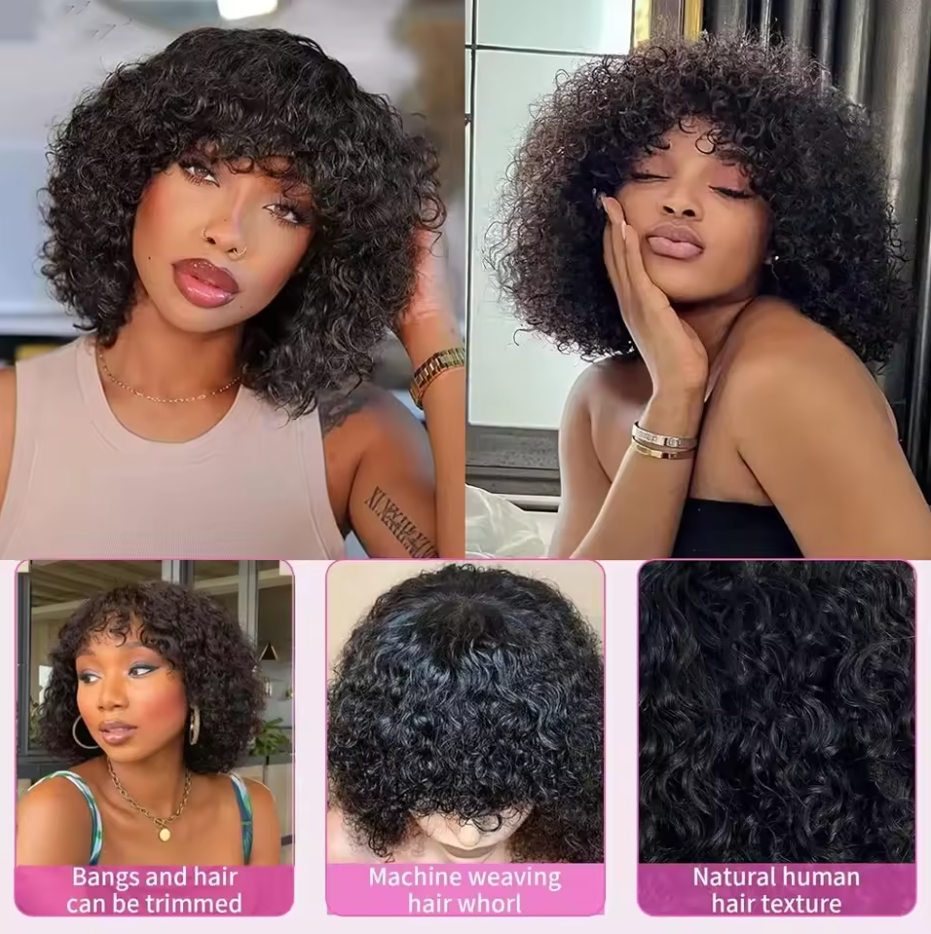 Promotion 250% Pixie Curly Wig With Bangs Non Lace Natural Color Virgin Human Hair Wigs Wholesale Cheap Short Bob Wigs