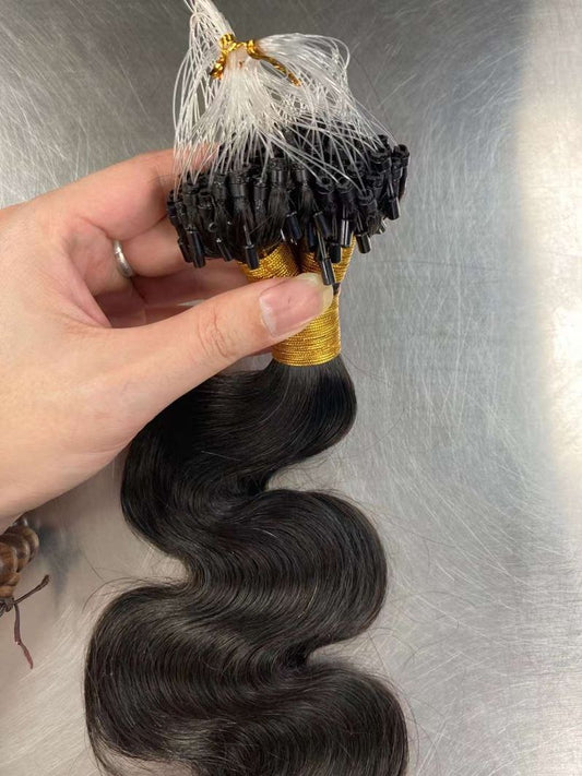 Wholesale 100% Natural Human Hair Extensions Micro Loop Fishing Line Straight Body Wave Curl Styles Raw Material in Bundle