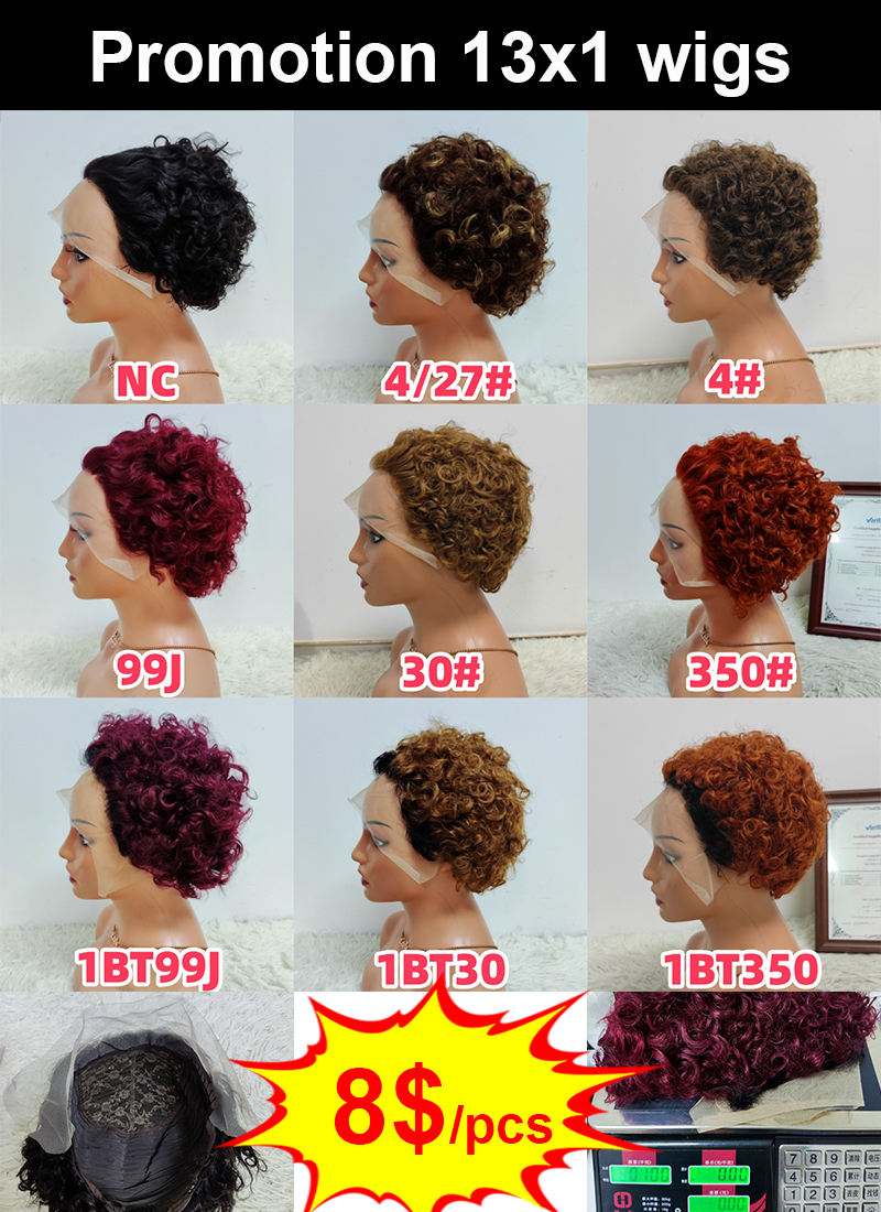 Promotion 8$ 1PCS Pixie Curly Lace Frontal Wigs Wholesale Brazilian Wig Short Cut 100% Human Hair Black Woman 110gram
