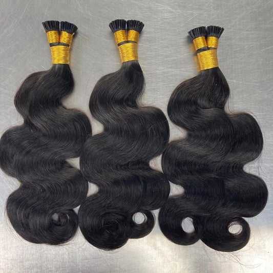 Wholesale Large Stock of Raw Human Hair Extensions Body Wave Kinky Curly Straight Hair with Micro Ring I Tip for Black Women