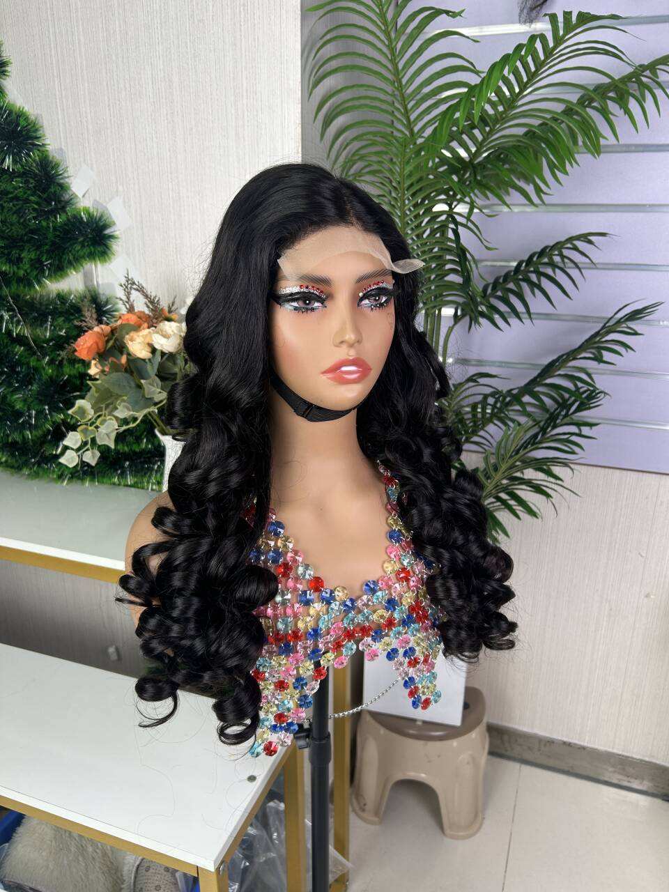 High Quality Glueless Loose Bouncy Curl SDD Super Double Drawn 5*5 Wig Human Hair 300% Density