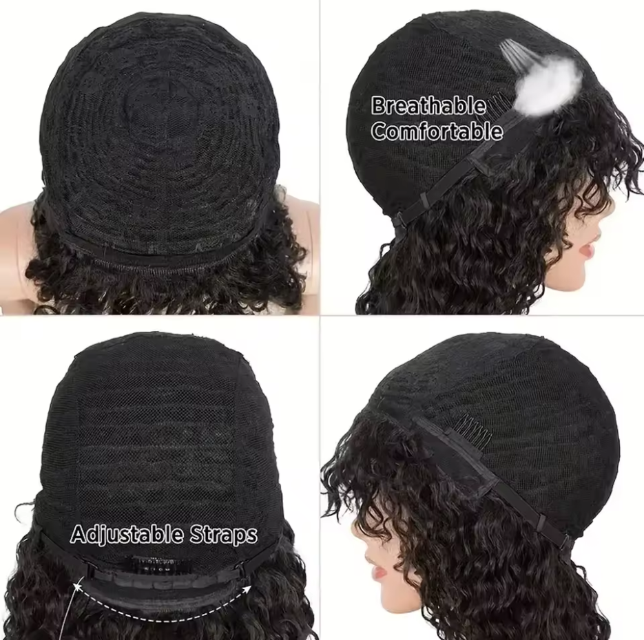 Promotion 250% Pixie Curly Wig With Bangs Non Lace Natural Color Virgin Human Hair Wigs Wholesale Cheap Short Bob Wigs