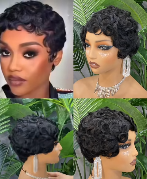 Promotion 9$ Short Brazilian Curly Machine Made Pixie Wig Natural Color 100% Virgin Human Hair Pixie Cut Wigs for Black Women