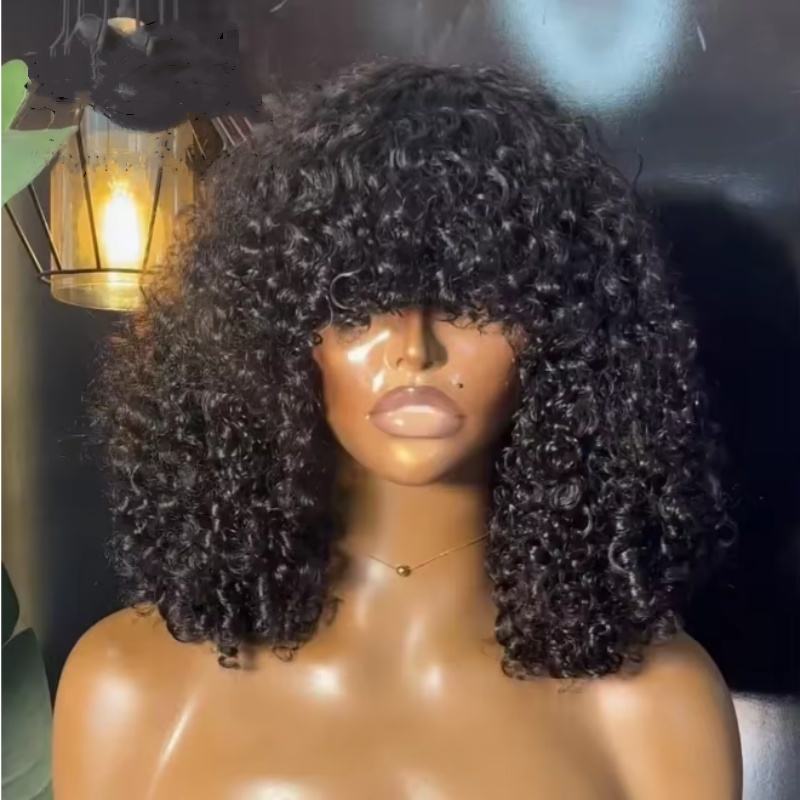 Promotion 250% Pixie Curly Wig With Bangs Non Lace Natural Color Virgin Human Hair Wigs Wholesale Cheap Short Bob Wigs
