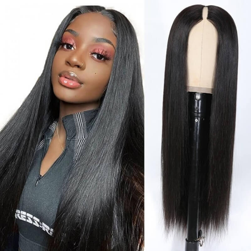 Ulike Beginner Friendly Straight V Part Wig No Glue No Sew No Gel Human Hair Wig 180 Density Thin Part Wig