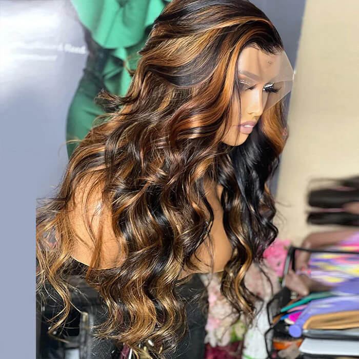 Ulike 1B/30 Highlight 360 Transparent Lace Body Wave Pre Plucked Human Hair Wigs