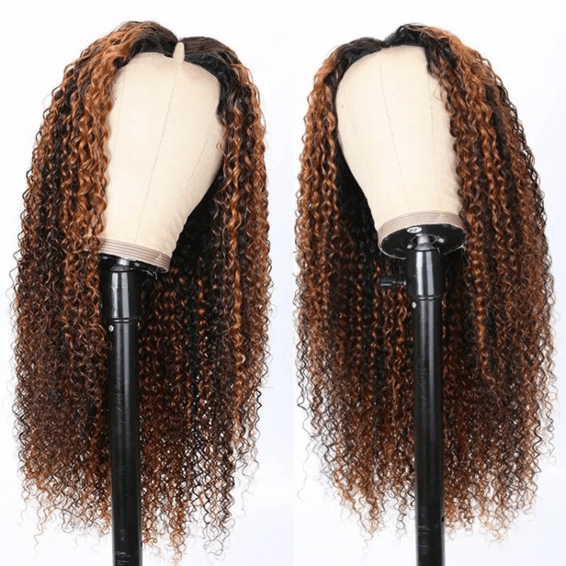 Ulike  Balayage Highlight Kinky Curly V Part Wigs Beginner Friendly No Glue No Sew No Gel Human Hair Thin Part Wig 180% Density