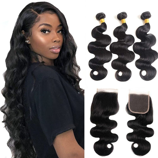 Natural Black 3 Bundles Body Wave Brazilian Virgin Hair With 5*5 Lace Closure