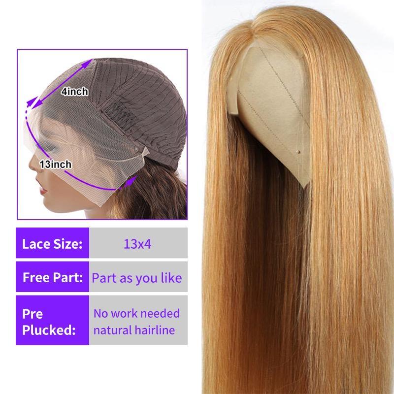 27# Honey Blonde Colored Straight Wig 13x4 Lace Front Human Hair Wigs Brazilian Remy Hair