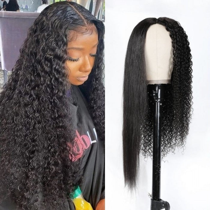 Ulike V Part 2 In 1 Wig Curly Magic Wet And Wavy V Part Curly Human Hair Black Wig 180% Density