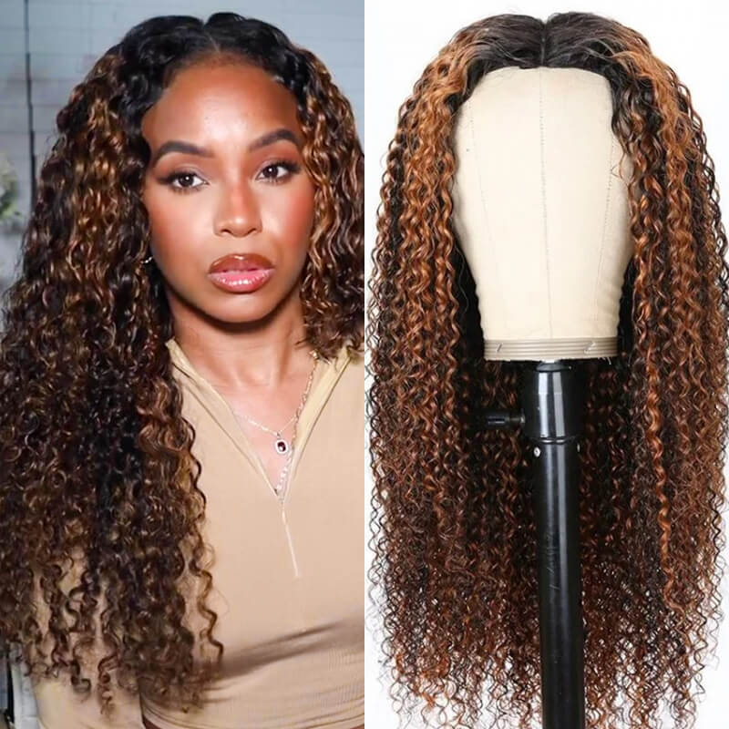 Ulike  Balayage Highlight Kinky Curly V Part Wigs Beginner Friendly No Glue No Sew No Gel Human Hair Thin Part Wig 180% Density