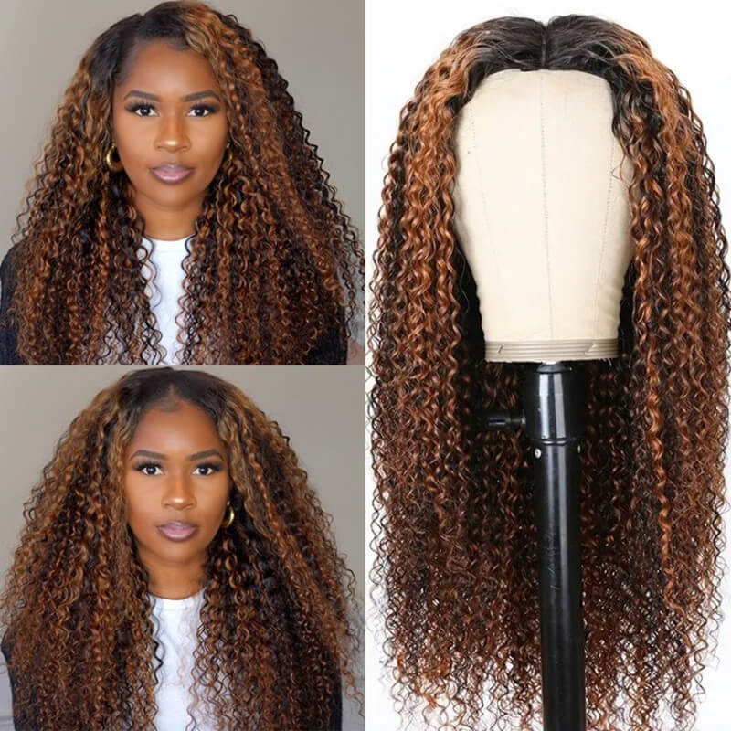 Ulike  Balayage Highlight Kinky Curly V Part Wigs Beginner Friendly No Glue No Sew No Gel Human Hair Thin Part Wig 180% Density