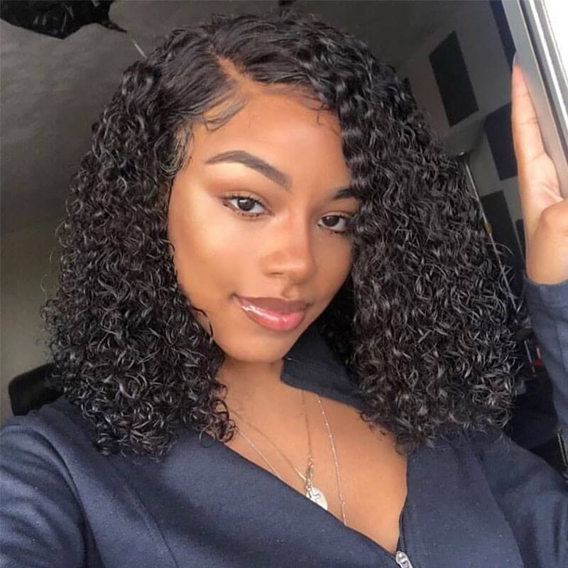 Ulike V Part Kinky Curly Bob Human Hair Wig No Glue No Sew No Gel No Leave Out Needed Human Hair Thin Part Wig