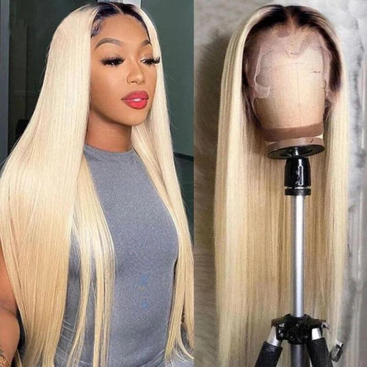 613 Blond Wig Straight Real Human Hair Wig 1B/613 Color Wigs With Dark Roots