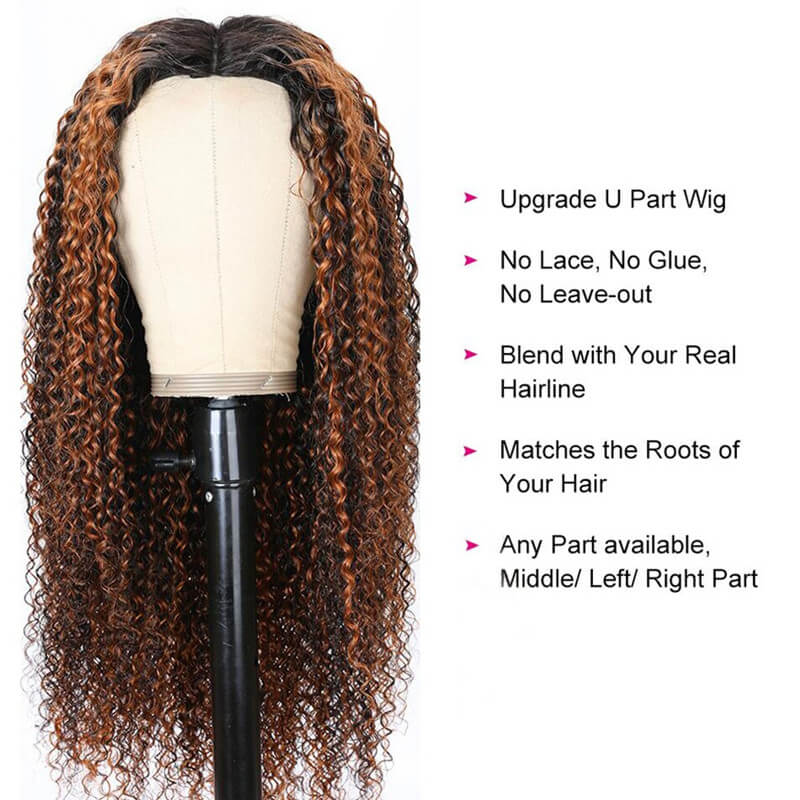 Ulike  Balayage Highlight Kinky Curly V Part Wigs Beginner Friendly No Glue No Sew No Gel Human Hair Thin Part Wig 180% Density