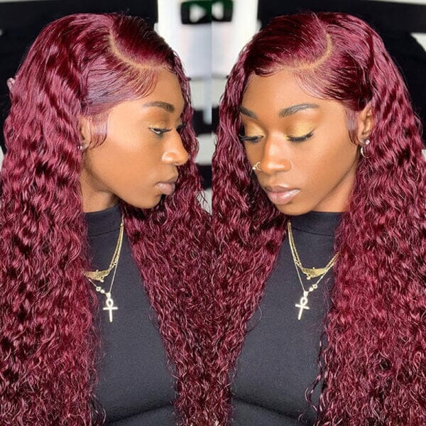 Dark Burgundy Pure Color Curly Wave Lace Frontal Lace Wig