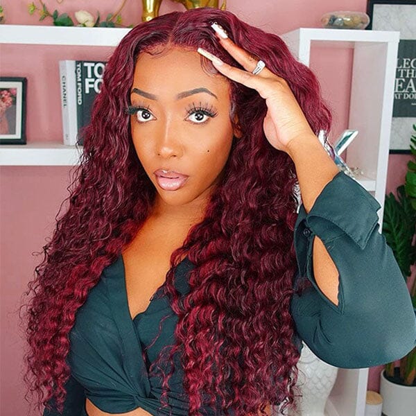 Dark Burgundy Pure Color Curly Wave Lace Frontal Lace Wig