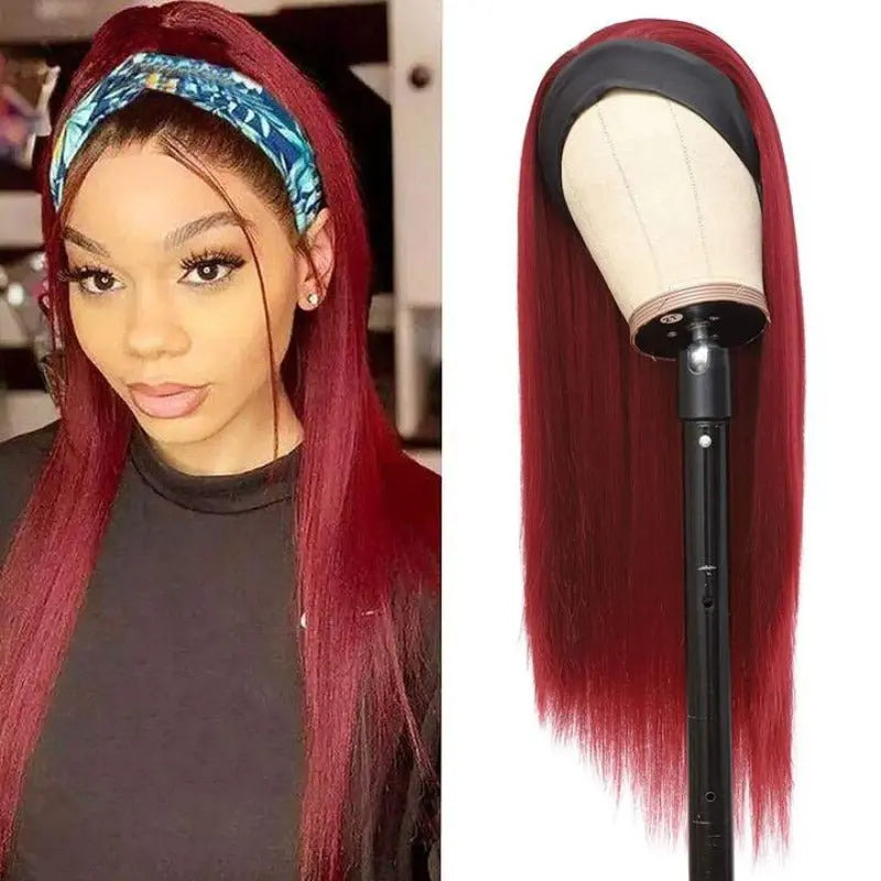 Affordable Vibrant Burgundy Red Glueless Headband Straight Wig 150%Density