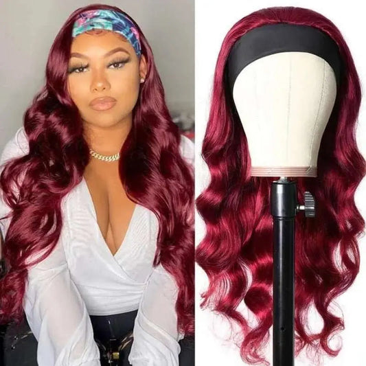 Beginner Friendly Burgundy Red Glueless Headband Body Wave Wig 150%Density